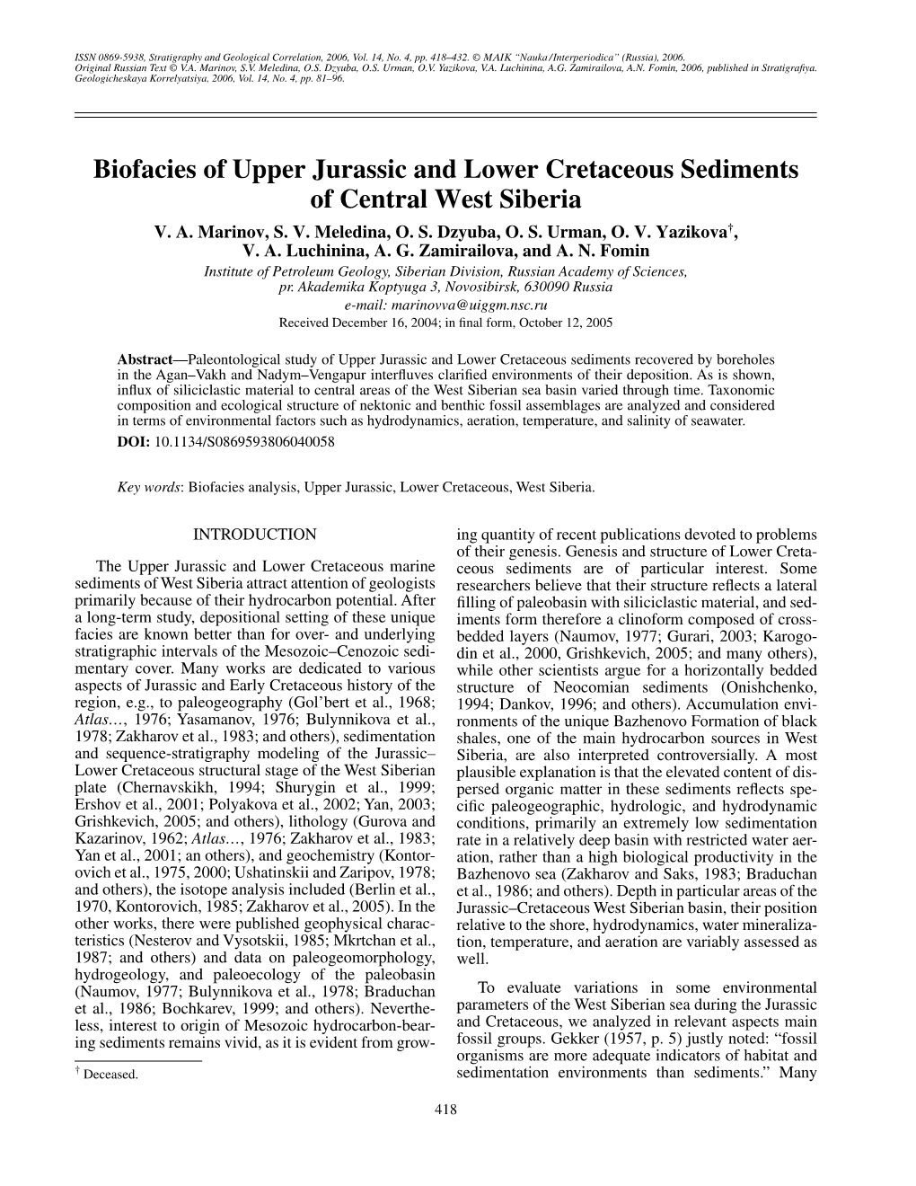 Biofacies of Upper Jurassic and Lower Cretaceous Sediments of Central West Siberia V