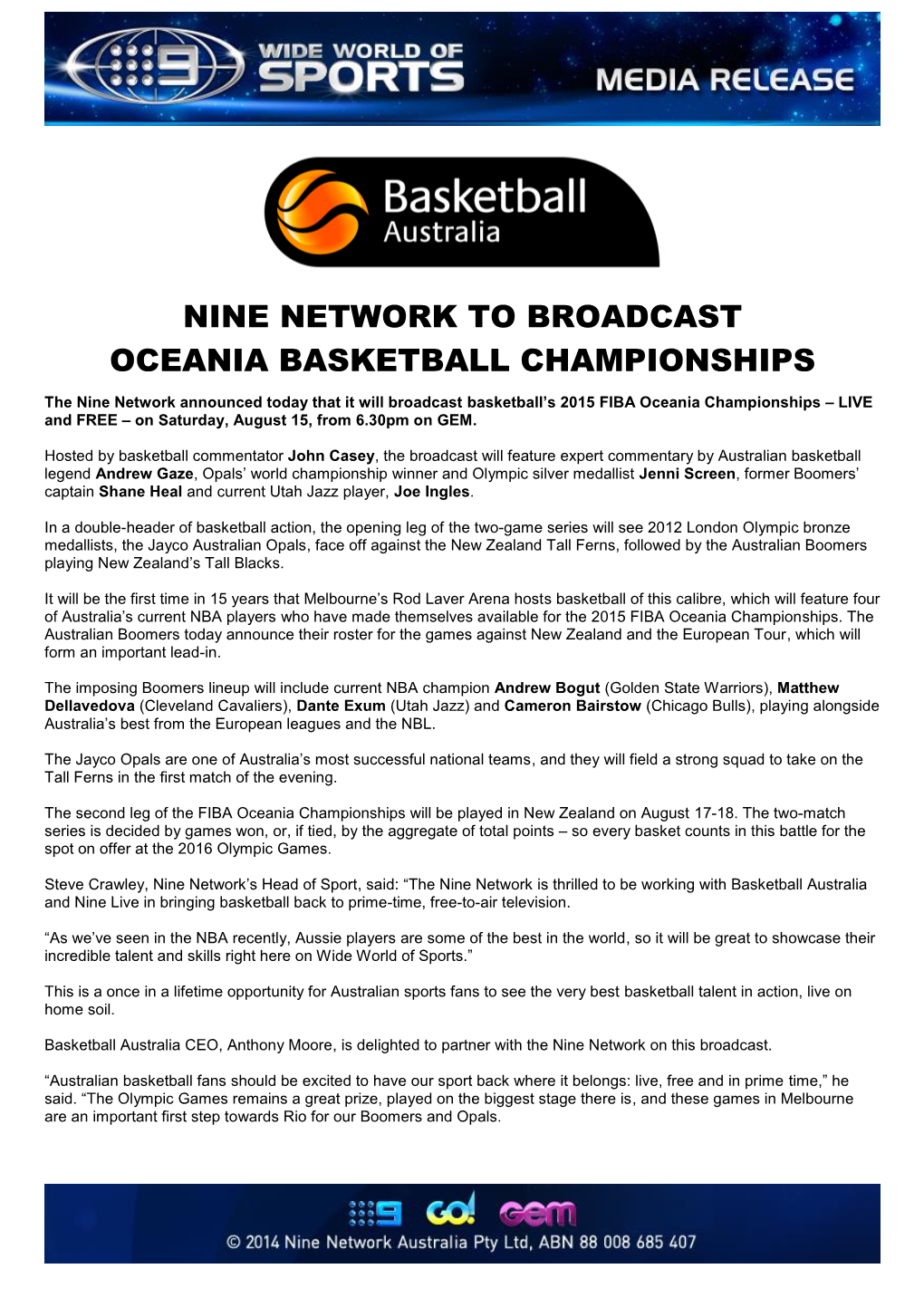 Nine Network to Broadcast Oceania Basketball Championships