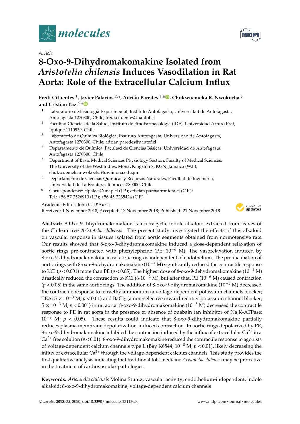8-Oxo-9-Dihydromakomakine Isolated from Aristotelia Chilensis Induces Vasodilation in Rat Aorta: Role of the Extracellular Calcium Inﬂux