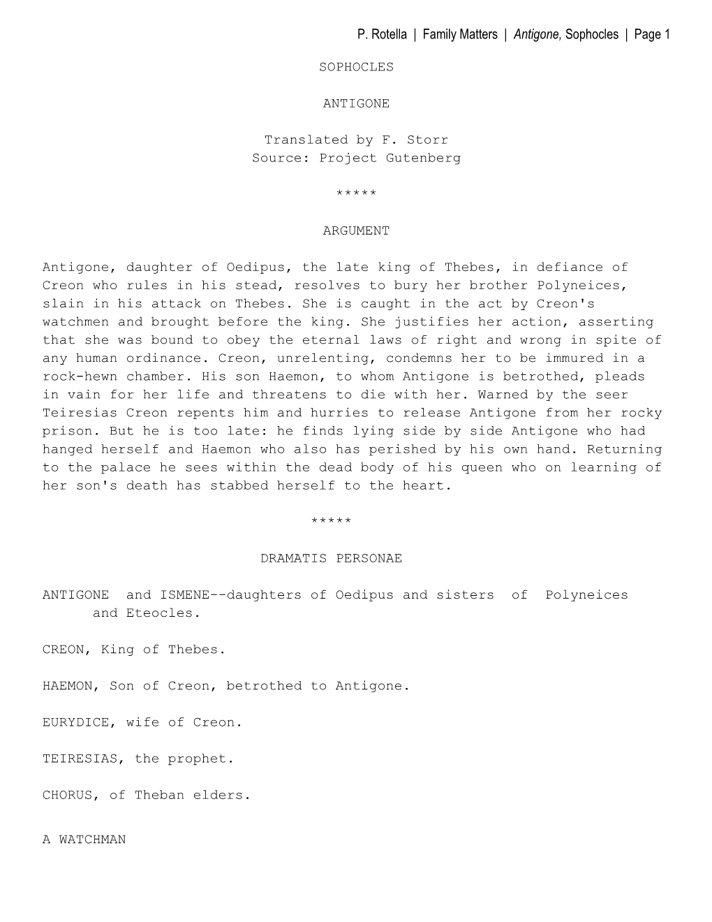 P. Rotella | Family Matters | Antigone, Sophocles | Page 1 SOPHOCLES