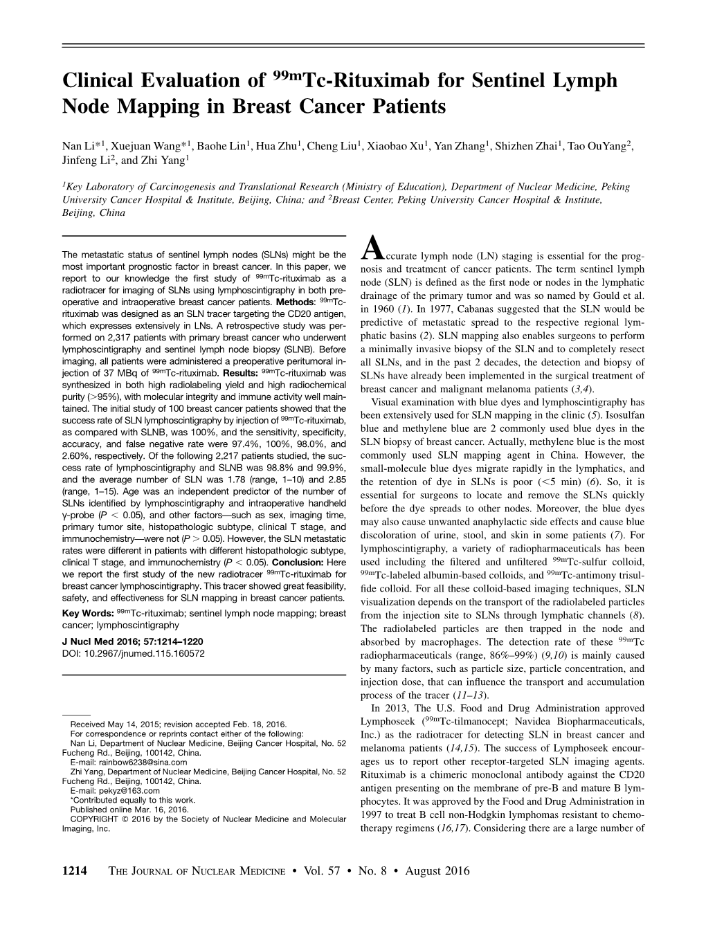 Clinical Evaluation of 99Mtc-Rituximab for Sentinel Lymph Node Mapping in Breast Cancer Patients