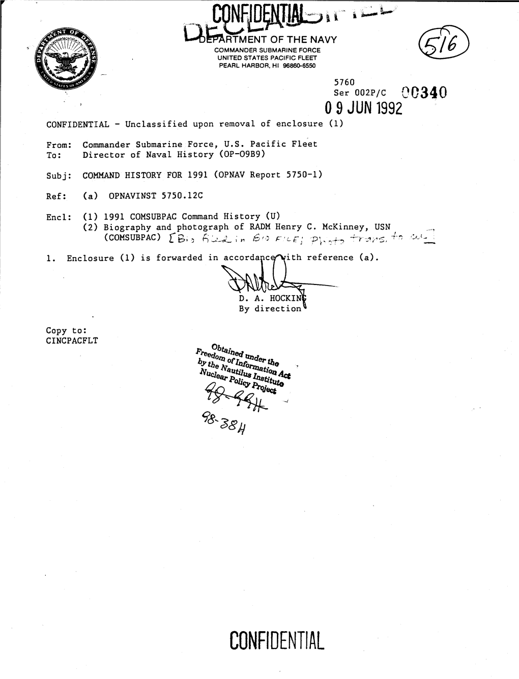 CONFIDENTIAL - Unclassified Upon Removal of Enclosure (1)