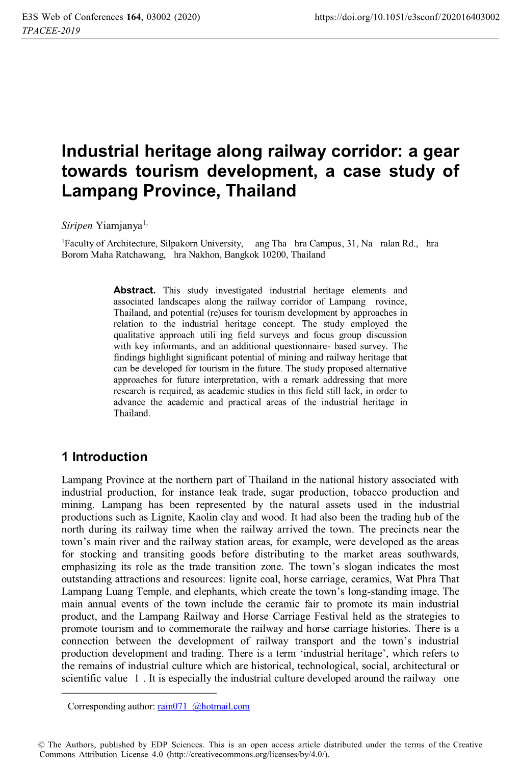 Industrial Heritage Along Railway Corridor: a Gear Towards Tourism Development, a Case Study of Lampang Province, Thailand