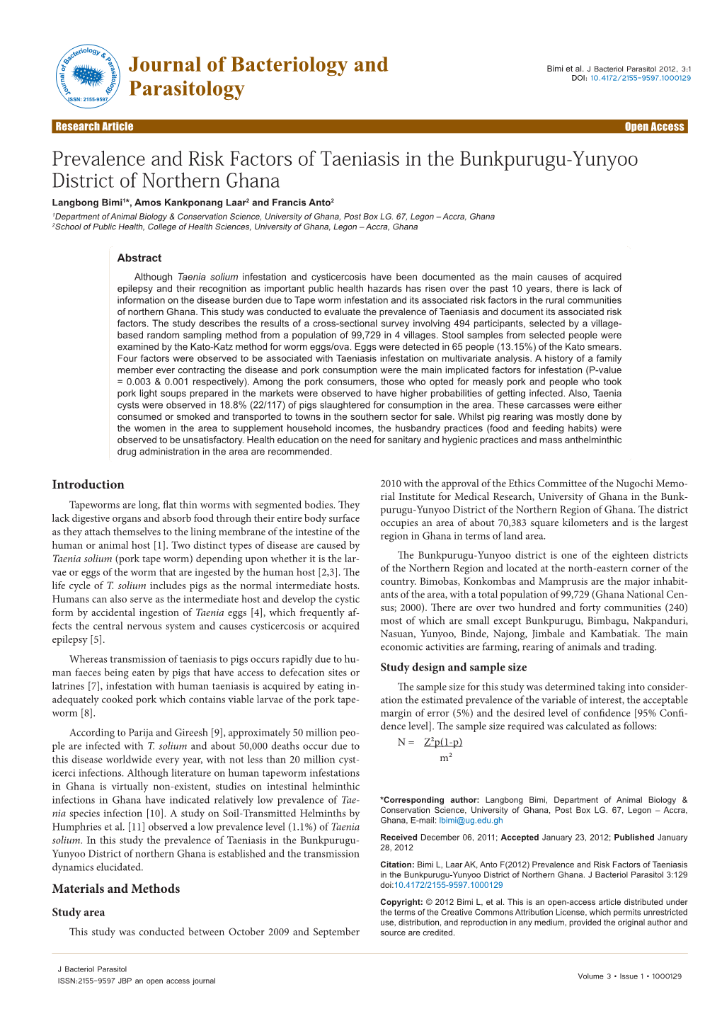 Prevalence and Risk Factors of Taeniasis in the Bunkpurugu-Yunyoo District of Northern Ghana