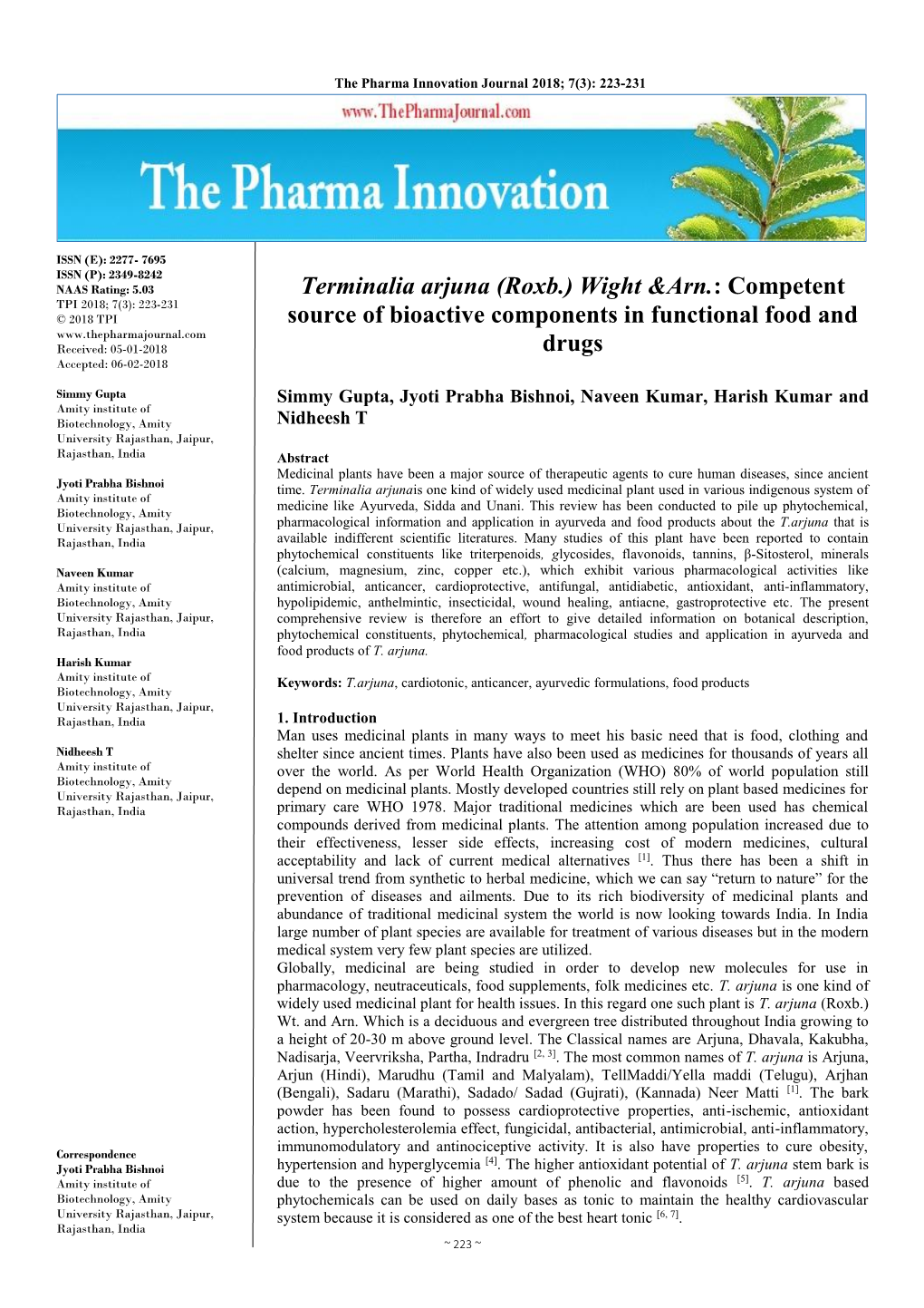 Terminalia Arjuna (Roxb.) Wight &Arn.: Competent Source of Bioactive Components in Functional Food and Drugs