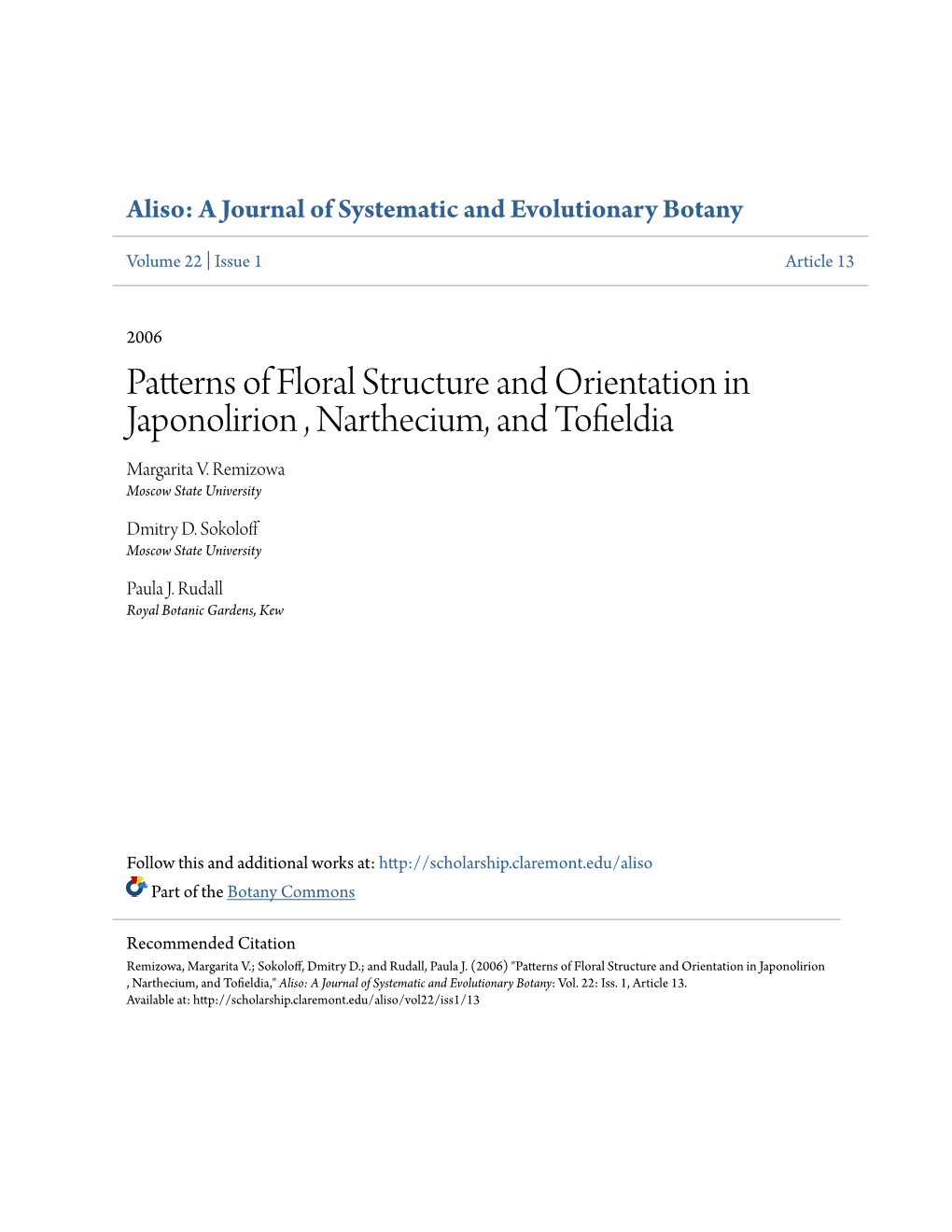 Patterns of Floral Structure and Orientation in Japonolirion , Narthecium, and Tofieldia Margarita V