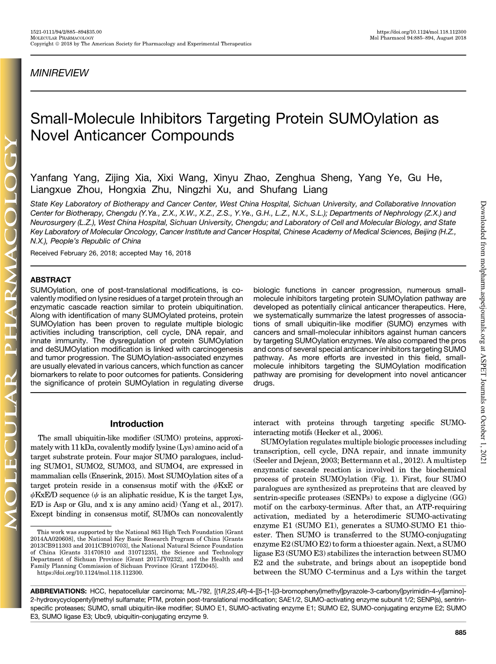 Small-Molecule Inhibitors Targeting Protein Sumoylation As Novel Anticancer Compounds
