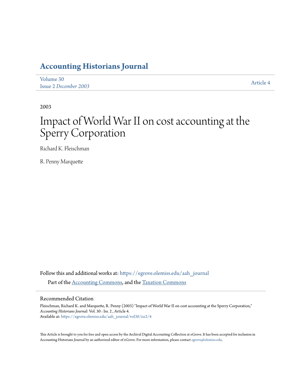 Impact of World War II on Cost Accounting at the Sperry Corporation Richard K