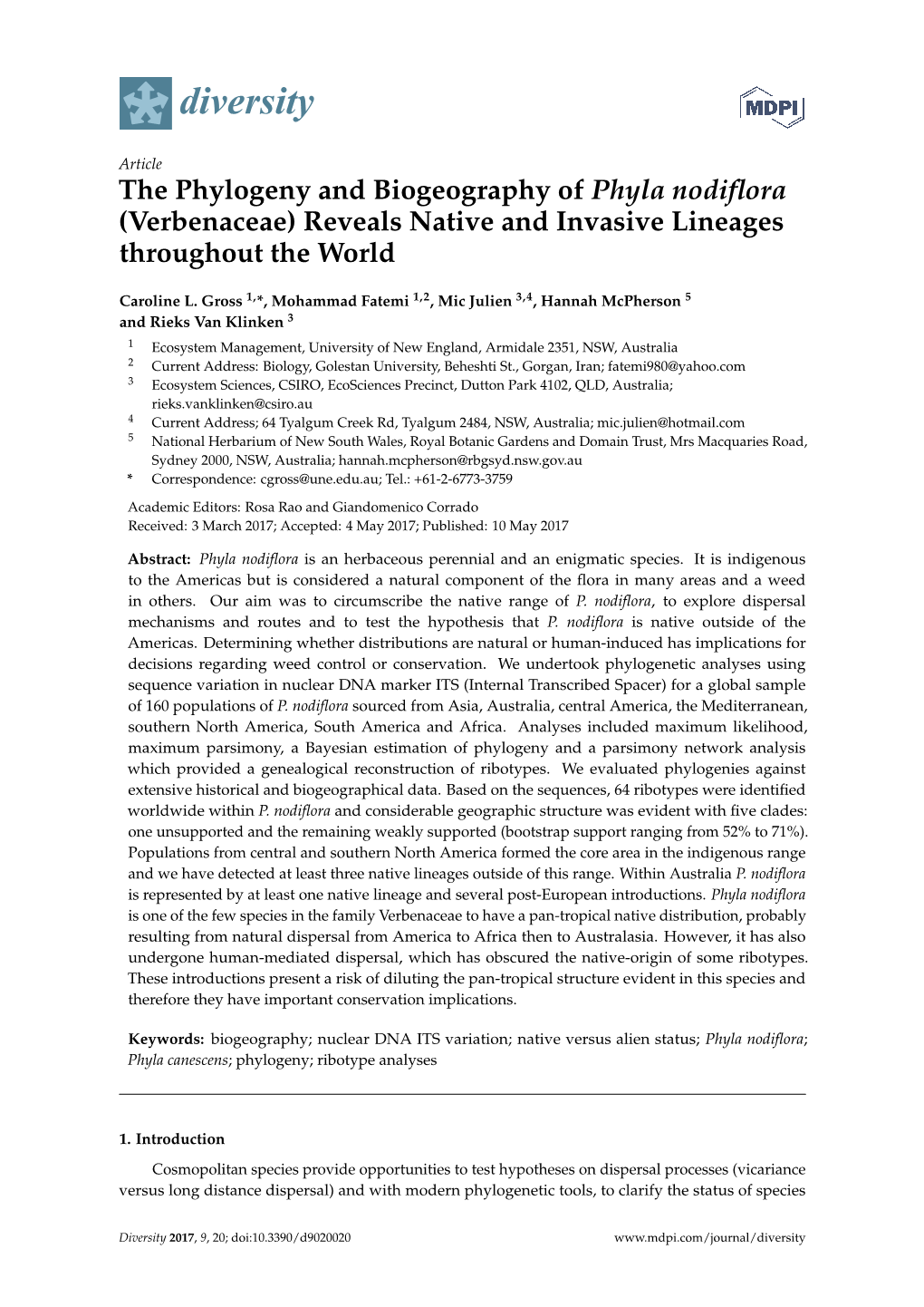 The Phylogeny and Biogeography of Phyla Nodiflora (Verbenaceae