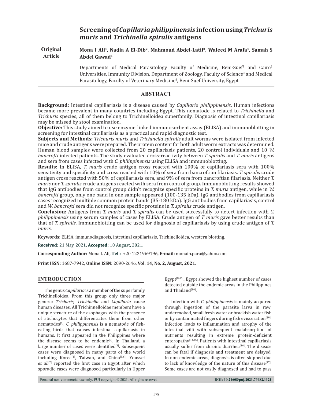 Screening of Capillaria Philippinensisinfection Using