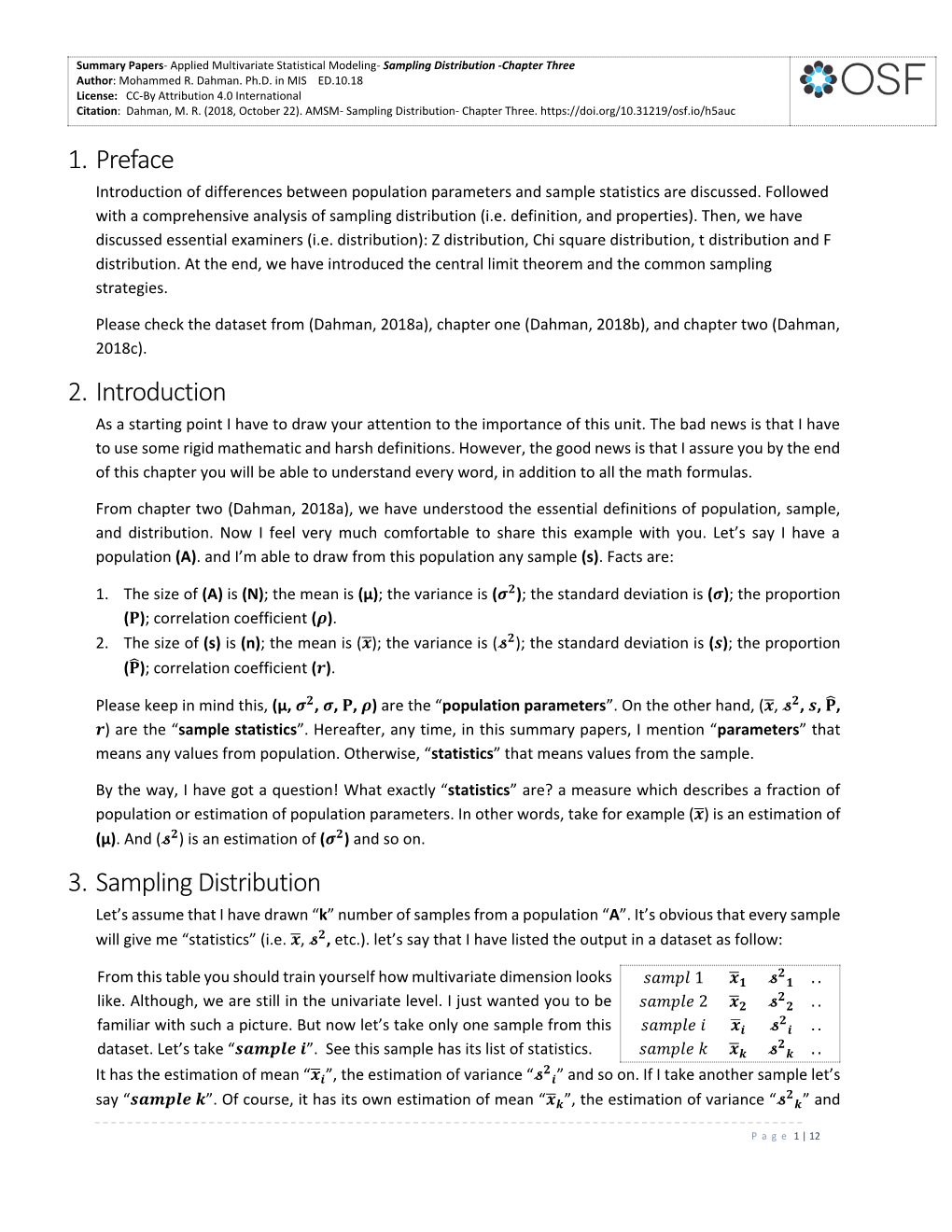 1. Preface 2. Introduction 3. Sampling Distribution