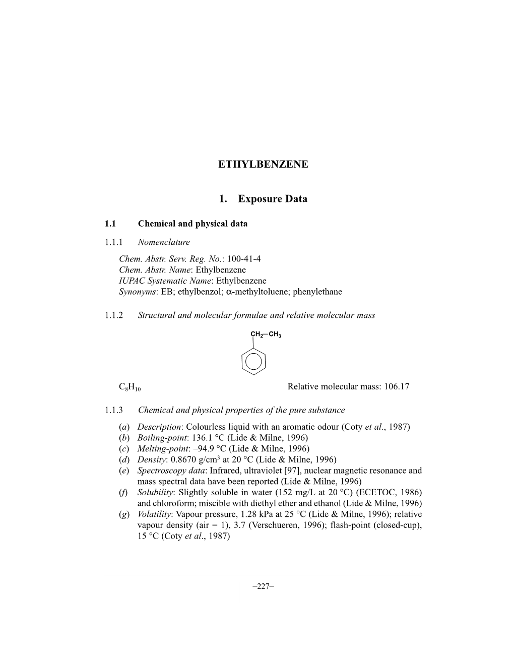 ETHYLBENZENE 1. Exposure Data