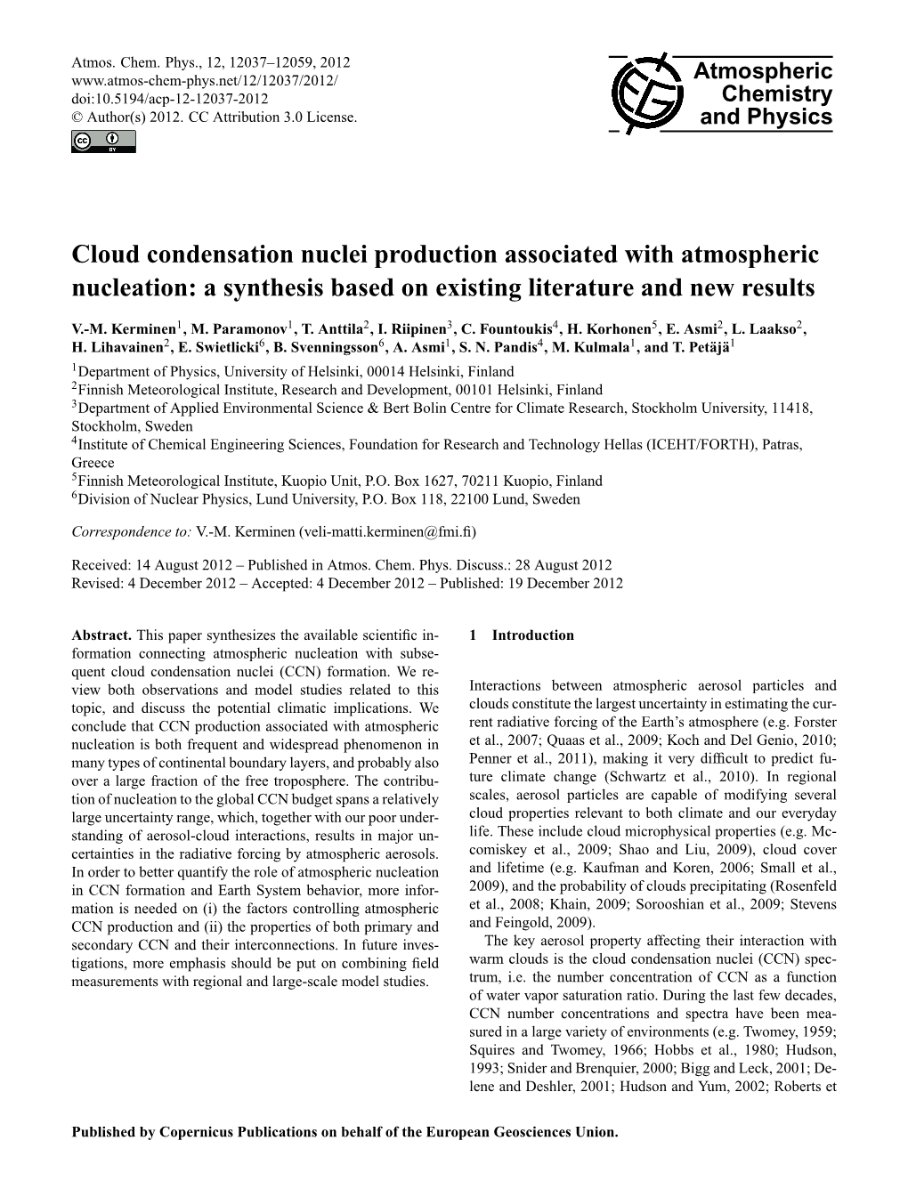 Cloud Condensation Nuclei Production Associated with Atmospheric Nucleation: a Synthesis Based on Existing Literature and New Results