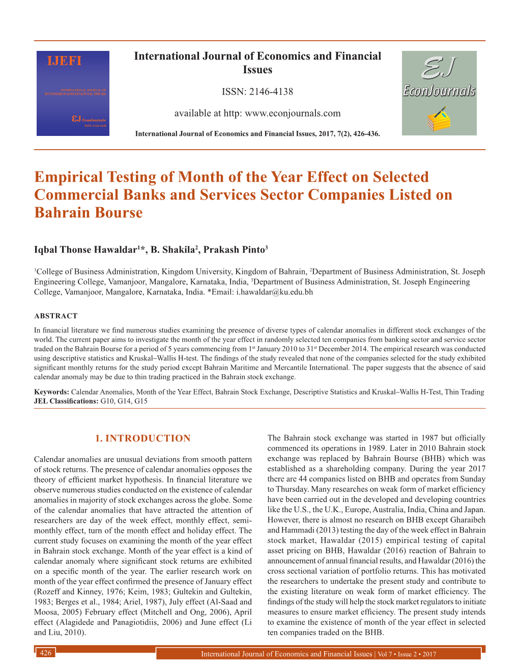 Empirical Testing of Month of the Year Effect on Selected Commercial Banks and Services Sector Companies Listed on Bahrain Bourse