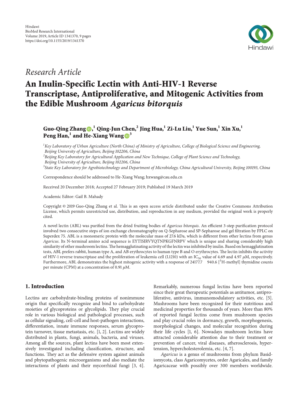 An Inulin-Specific Lectin with Anti-HIV-1 Reverse Transcriptase, Antiproliferative, and Mitogenic Activities from Theediblemushroomagaricus Bitorquis