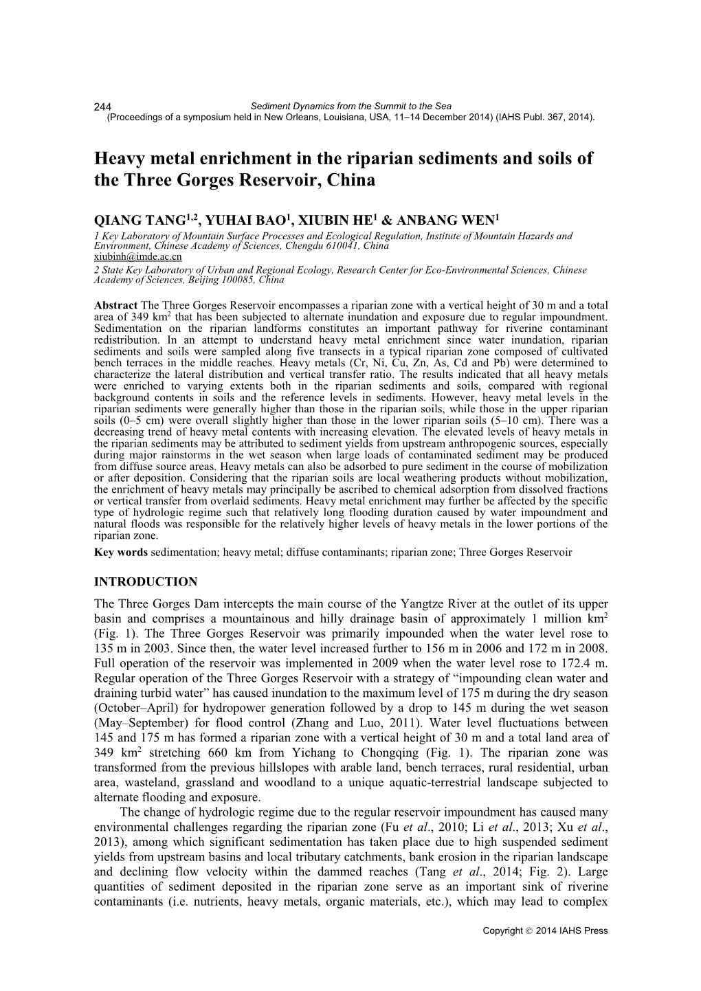 Heavy Metal Enrichment in the Riparian Sediments and Soils of the Three Gorges Reservoir, China