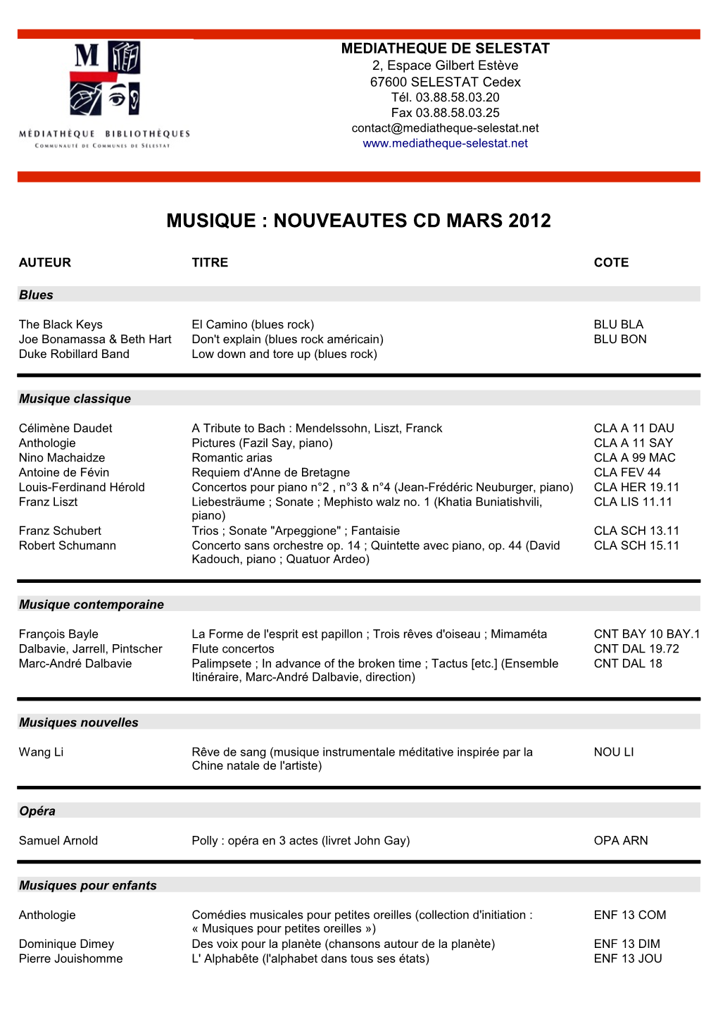Musique : Nouveautes Cd Mars 2012
