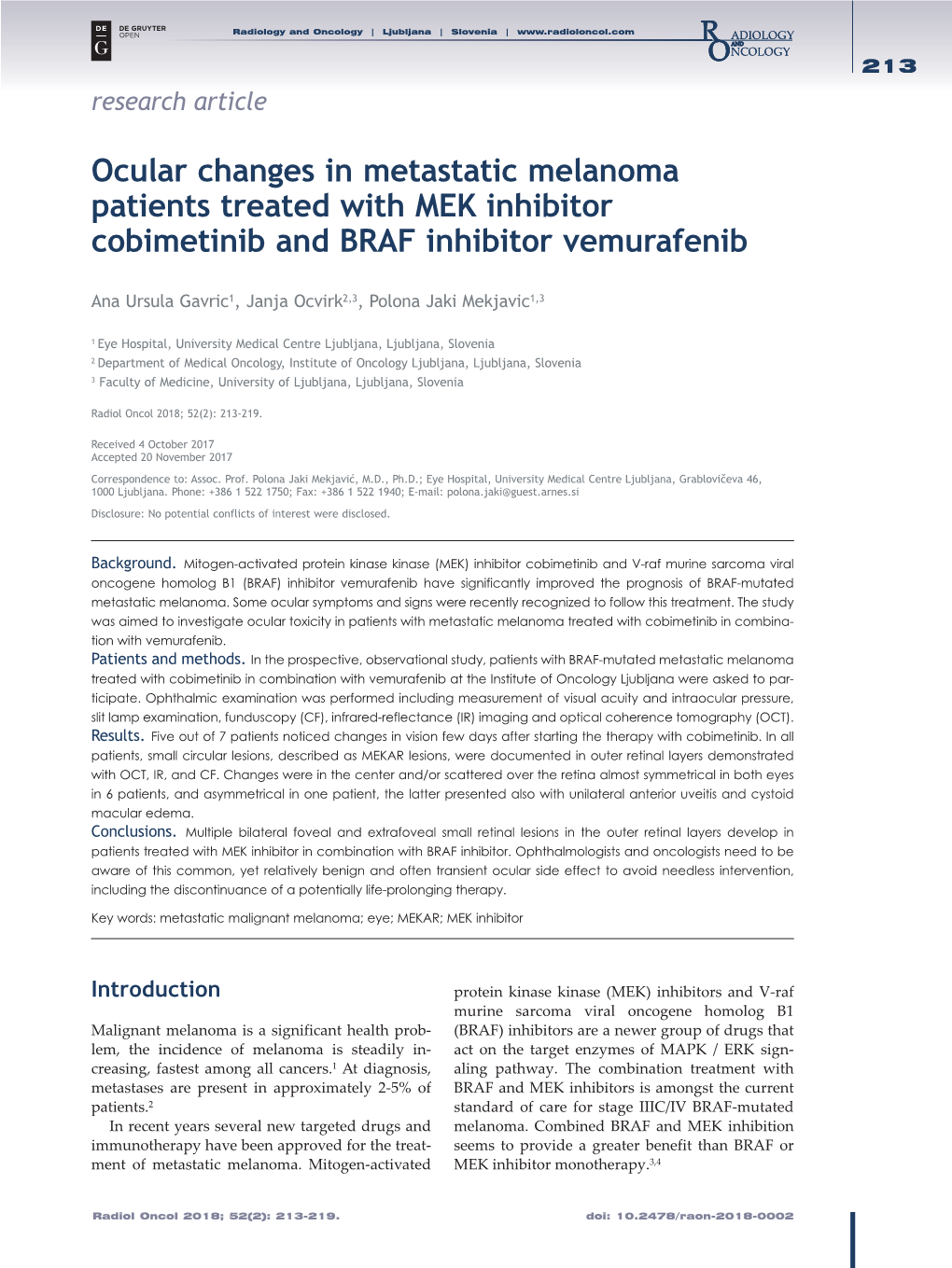 Ocular Changes in Metastatic Melanoma Patients Treated with MEK Inhibitor Cobimetinib and BRAF Inhibitor Vemurafenib