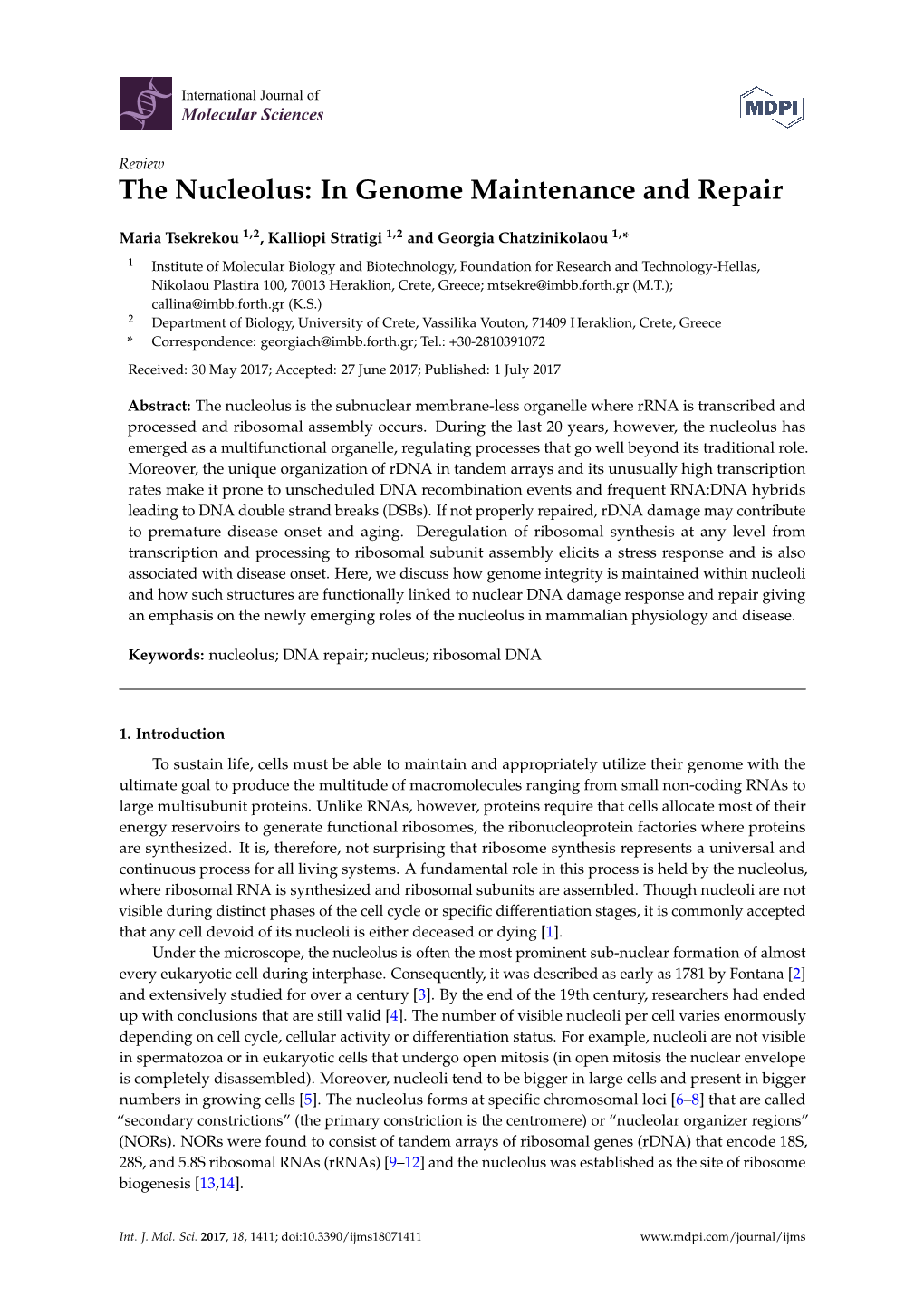 The Nucleolus: in Genome Maintenance and Repair