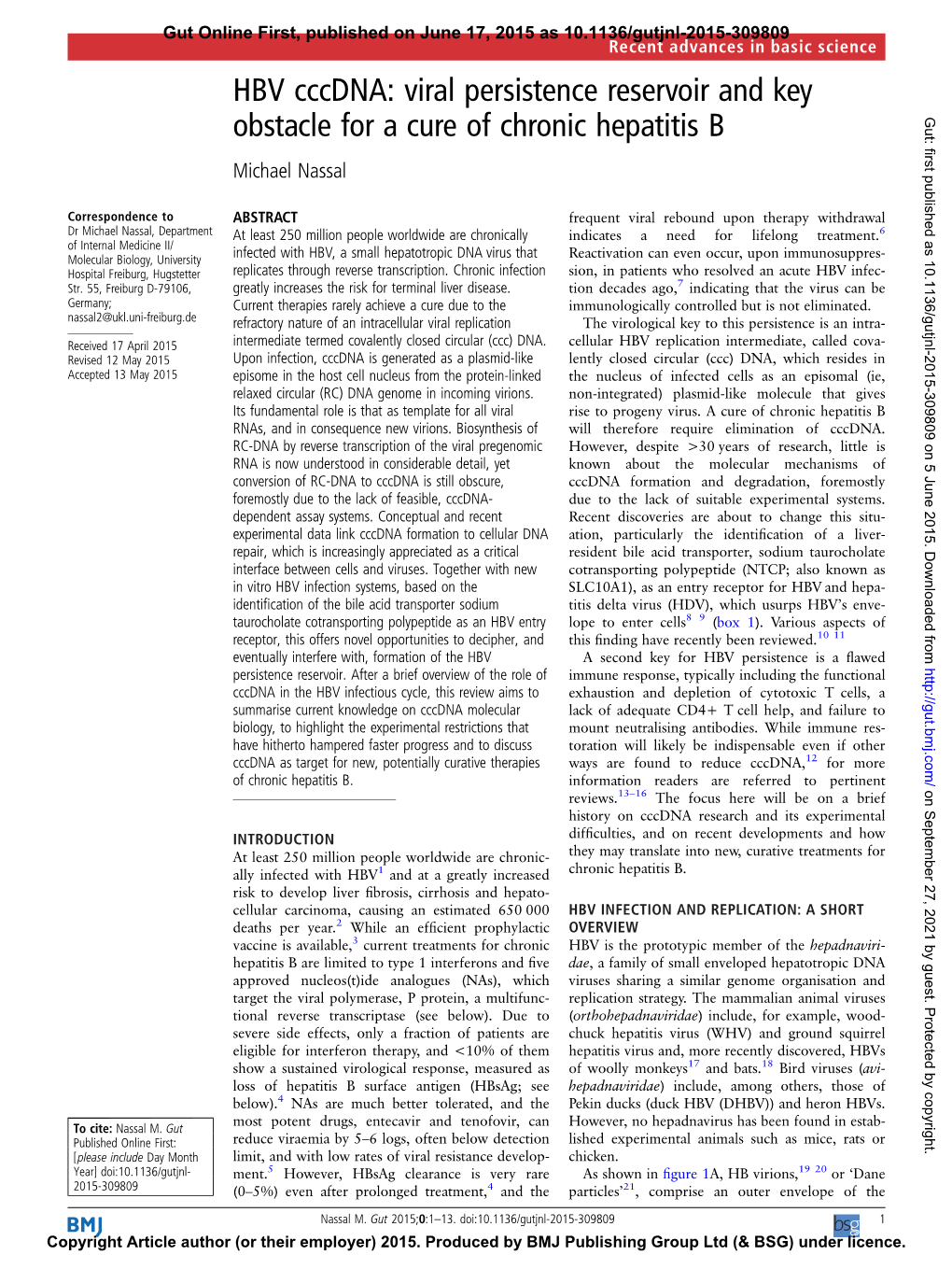 HBV Cccdna: Viral Persistence Reservoir and Key Obstacle for a Cure of Chronic Hepatitis B Gut: First Published As 10.1136/Gutjnl-2015-309809 on 5 June 2015