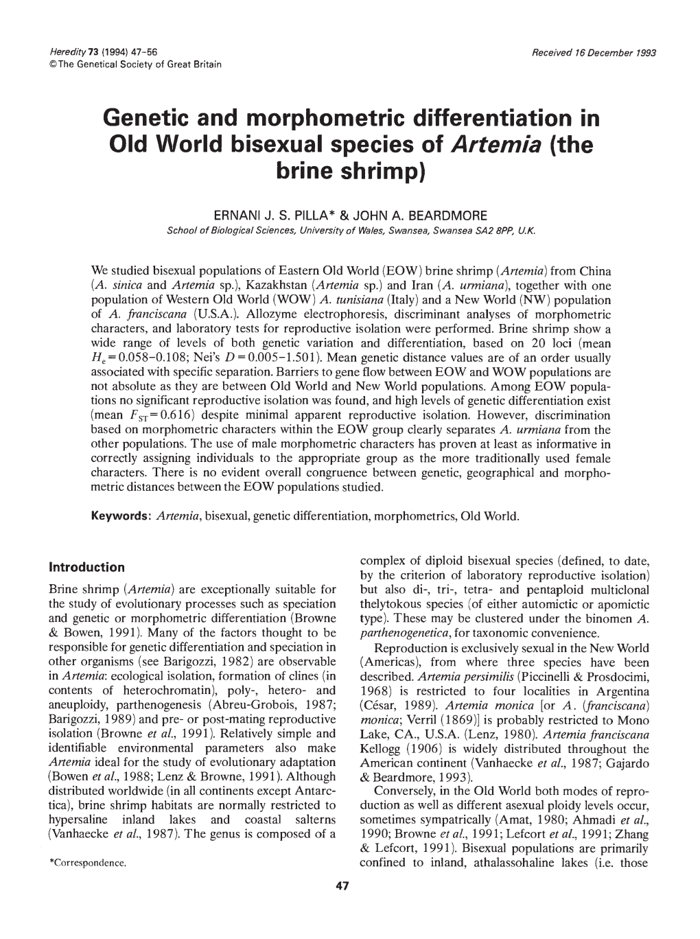 Genetic and Morphometric Differentiation in Old World Bisexual Species of Artemia (The Brine Shrimp)