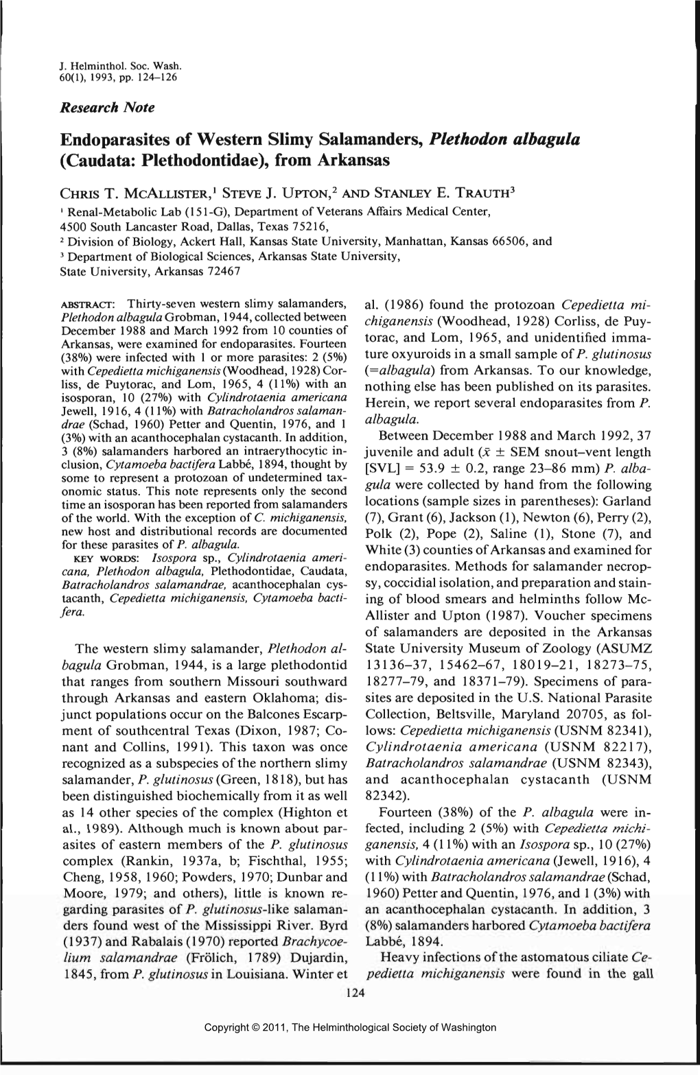 Endoparasites of Western Slimy Salamanders, Plethodon Albagula (Caudata: Plethodontidae), from Arkansas