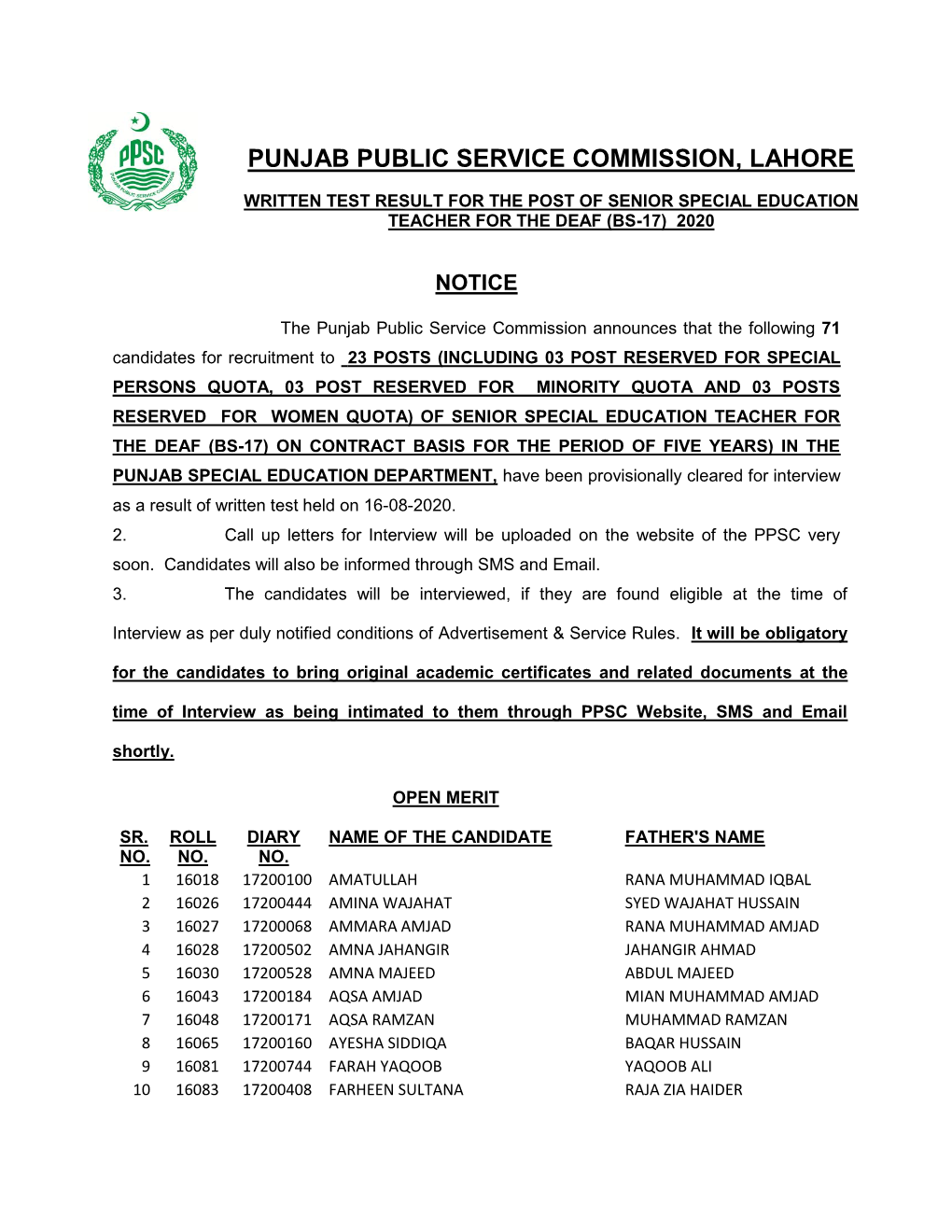 Punjab Public Service Commission, Lahore