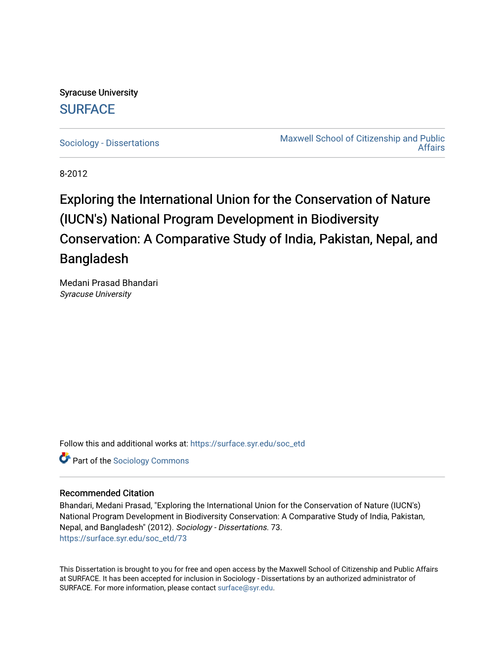 IUCN's) National Program Development in Biodiversity Conservation: a Comparative Study of India, Pakistan, Nepal, and Bangladesh