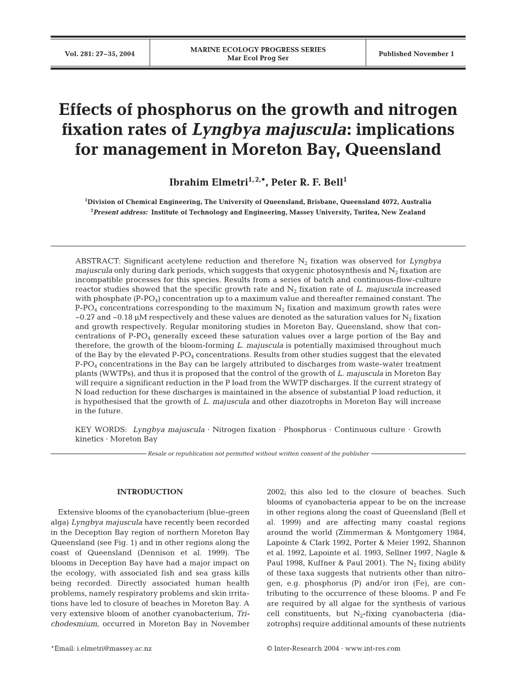 Effects of Phosphorus on the Growth and Nitrogen Fixation Rates of Lyngbya Majuscula: Implications for Management in Moreton Bay, Queensland