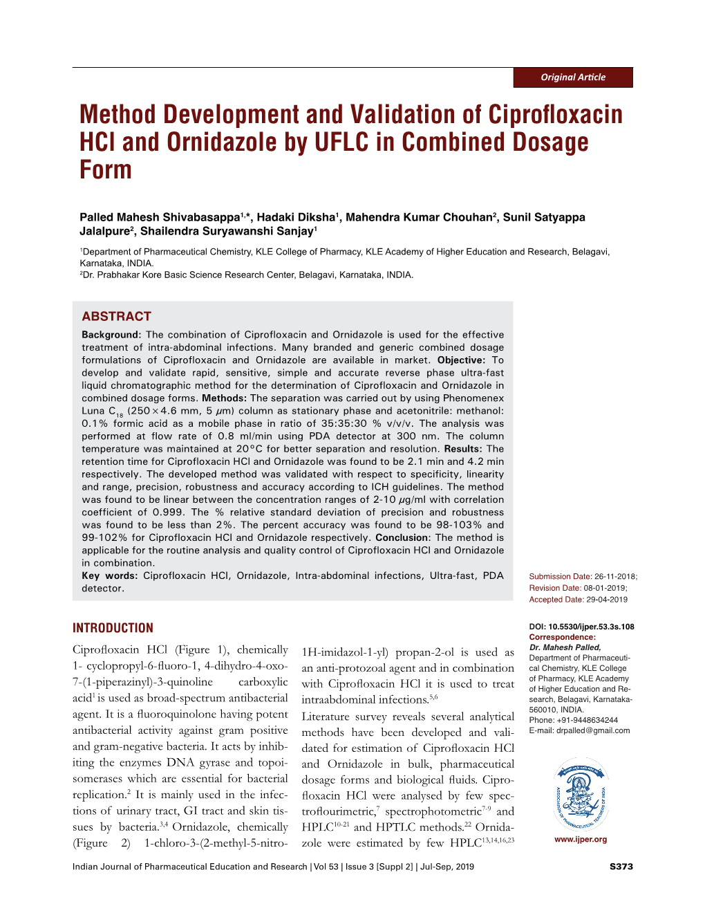 Method Development and Validation of Ciprofloxacin Hcl and Ornidazole by UFLC in Combined Dosage Form