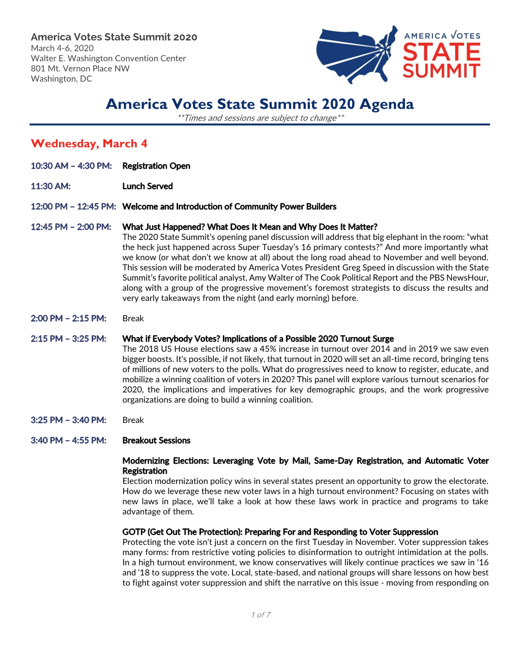 America Votes State Summit 2020 Agenda **Times and Sessions Are Subject to Change**