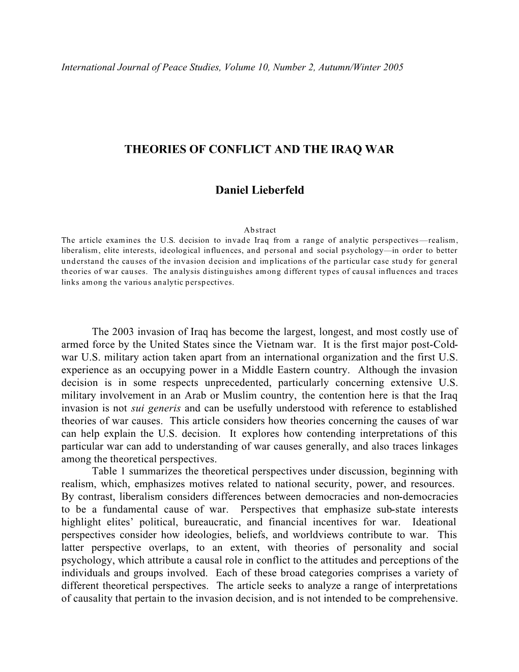 THEORIES of CONFLICT and the IRAQ WAR Daniel Lieberfeld