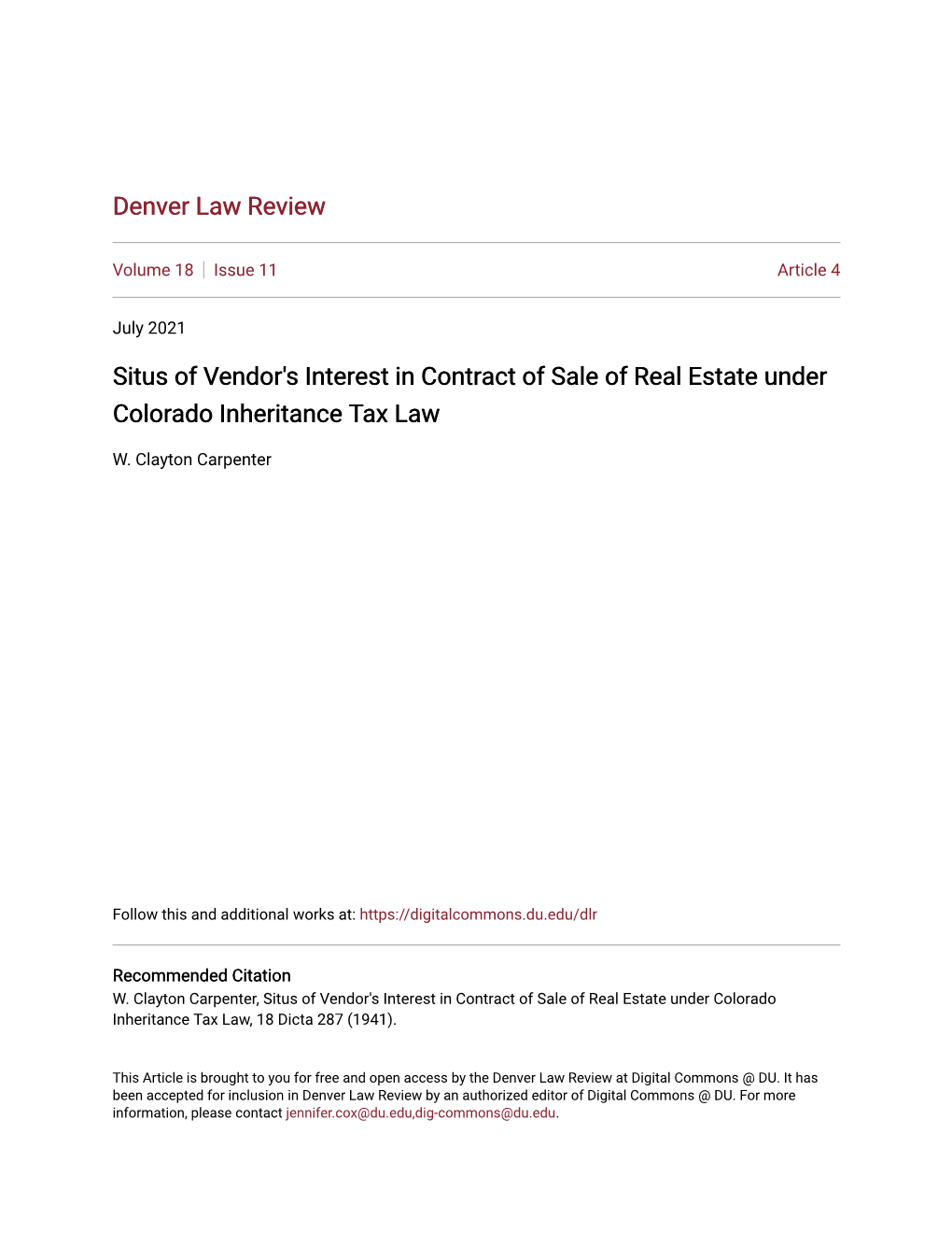 Situs of Vendor's Interest in Contract of Sale of Real Estate Under Colorado Inheritance Tax Law