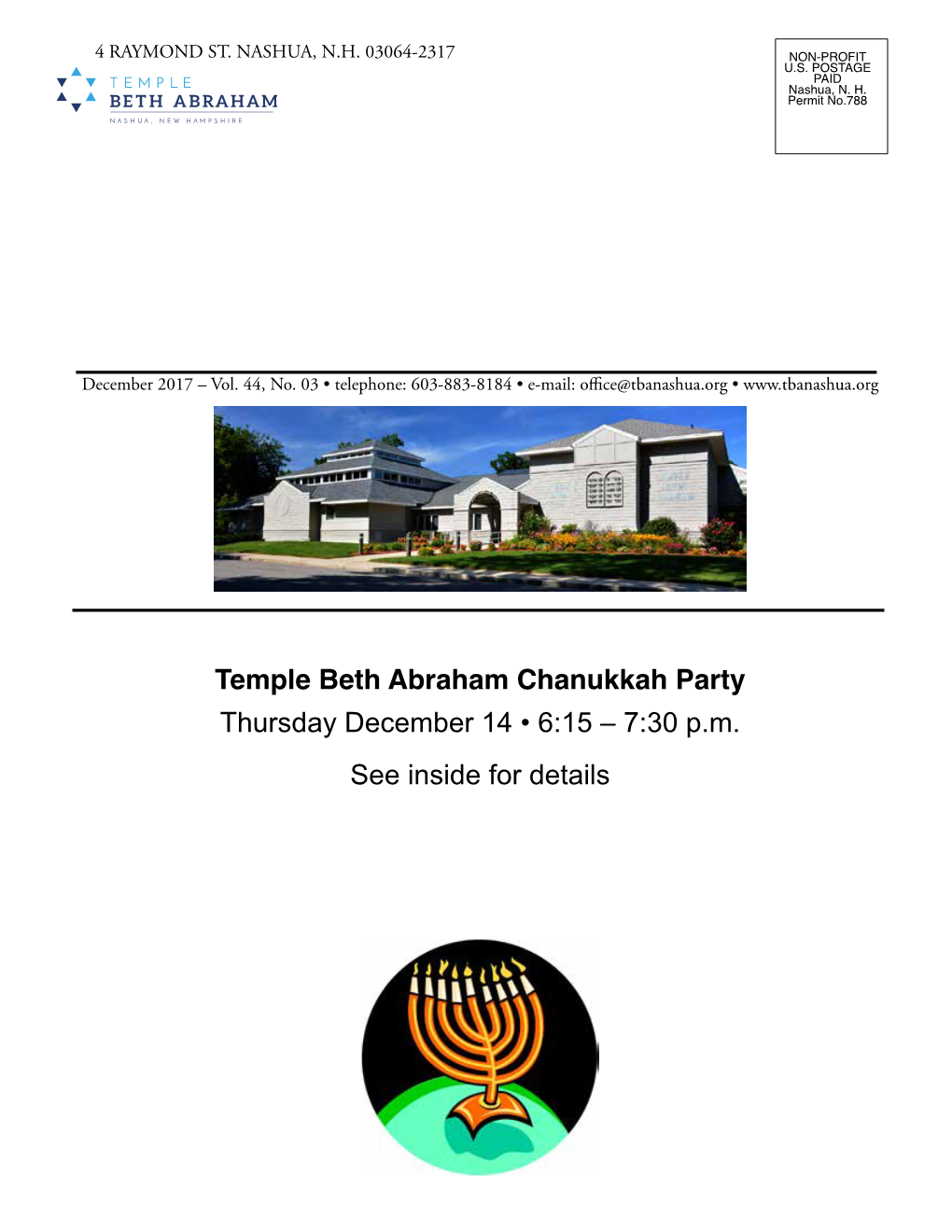 Temple Beth Abraham Chanukkah Party Thursday December 14 • 6:15 – 7:30 P.M