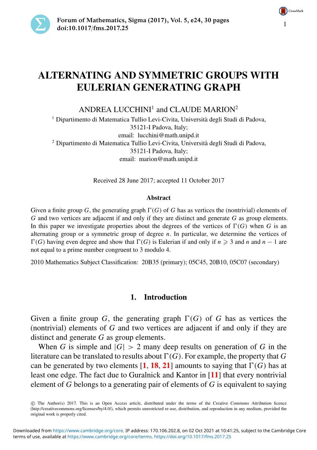 Alternating and Symmetric Groups with Eulerian Generating Graph