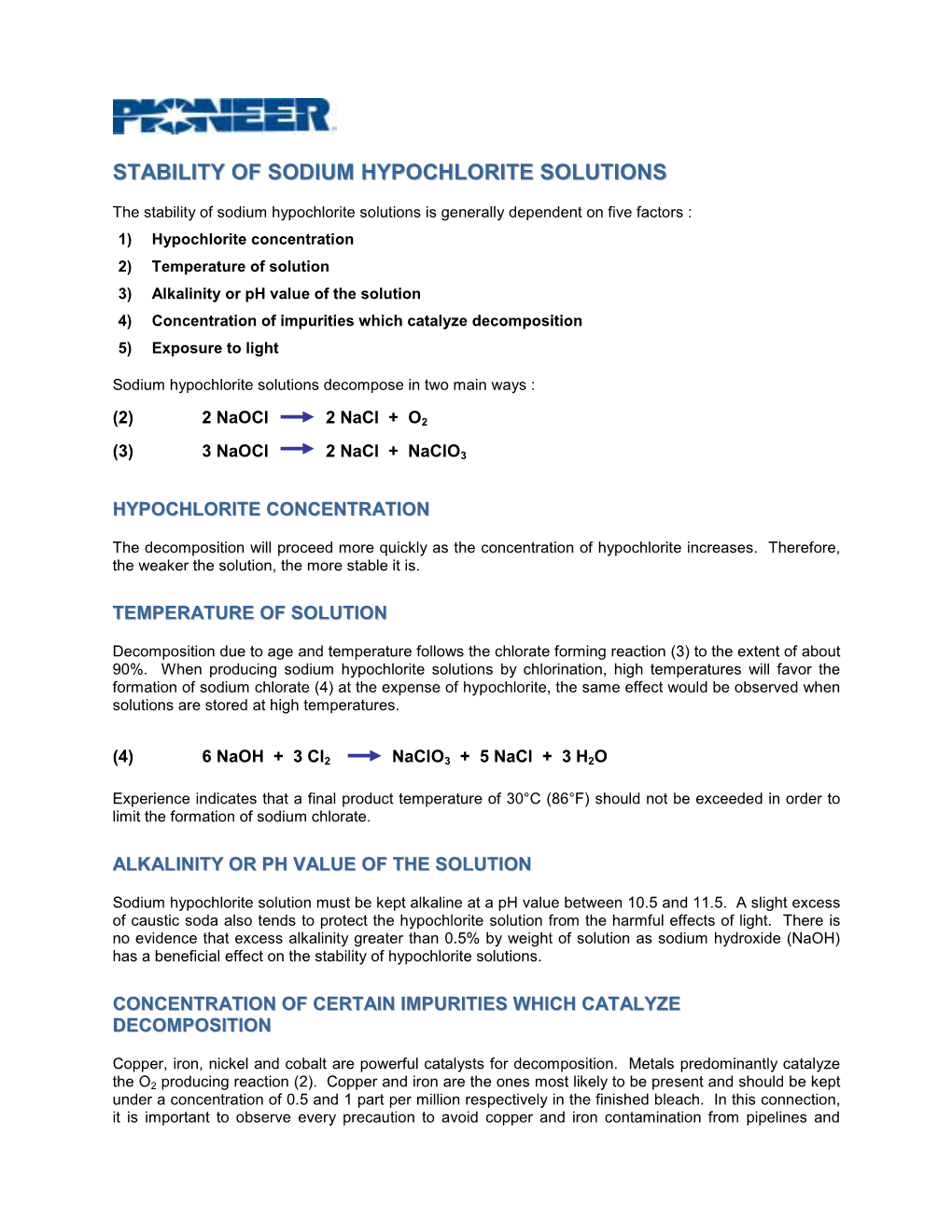 Stability of Sodium Hypochlorite Solutions