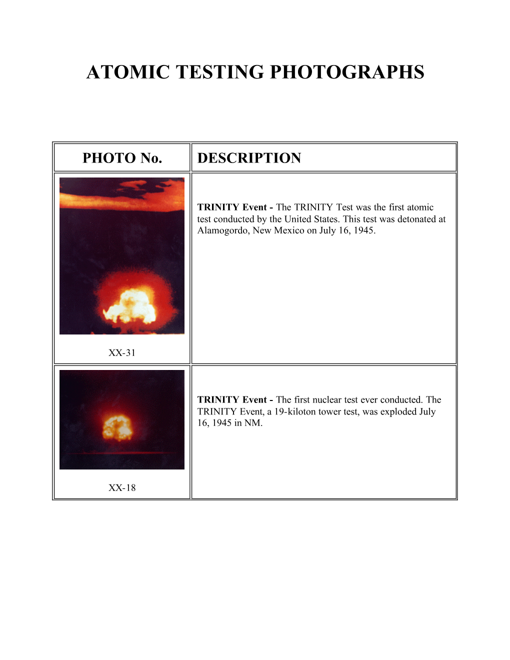 Atomic Testing Photographs