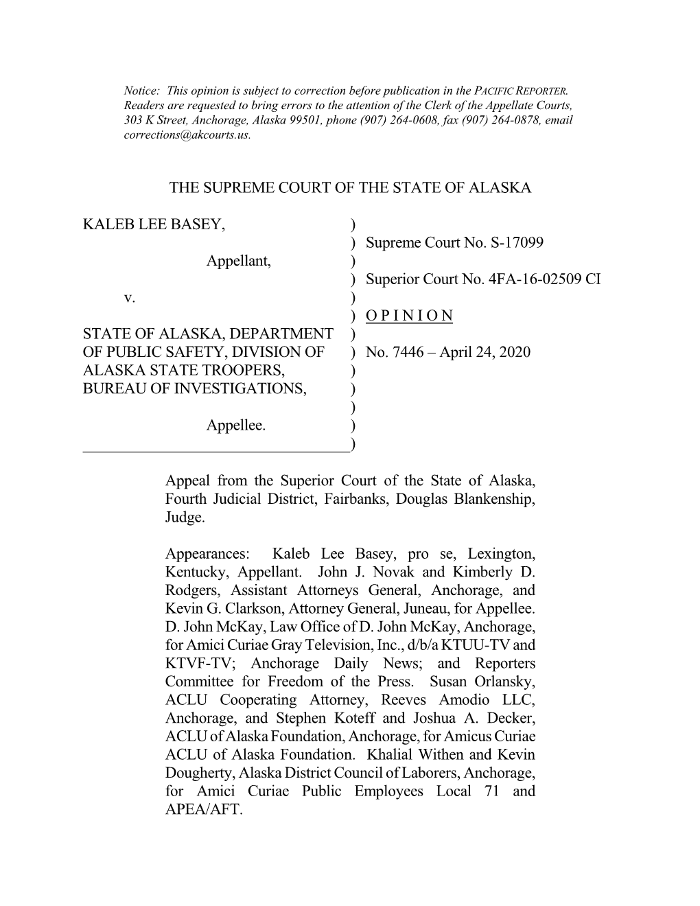 Alaska Supreme Court Opinion No Sp-7446