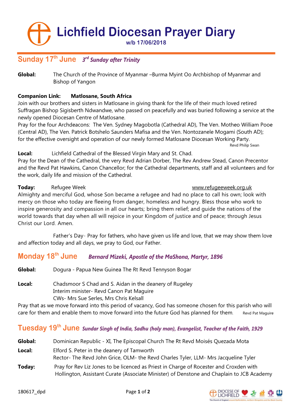 Lichfield Diocesan Prayer Diary W/B 17/06/2018