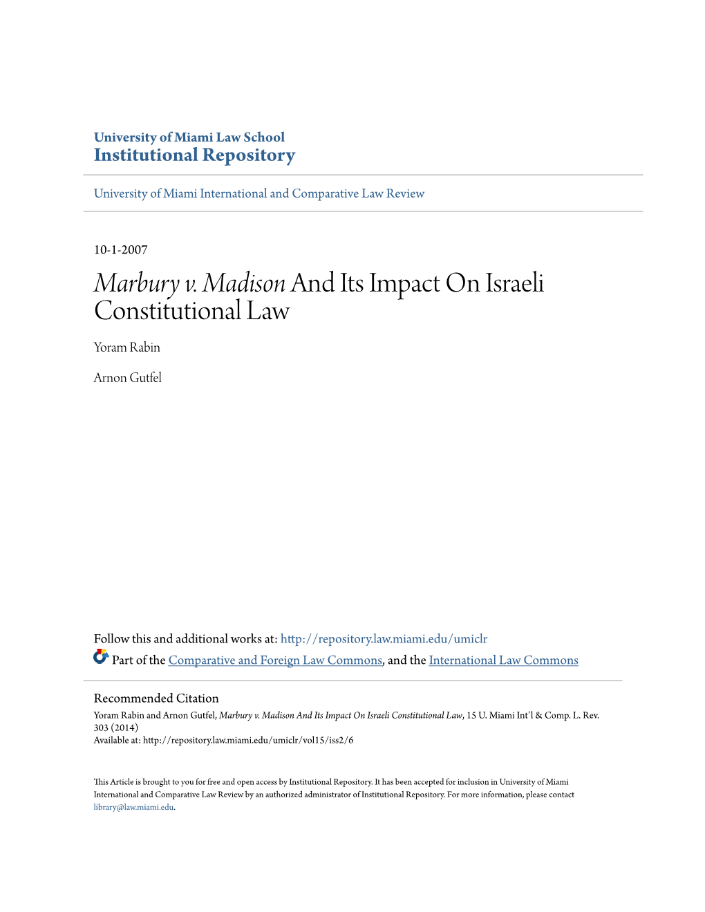 Marbury V. Madison and Its Impact on Israeli Constitutional Law Yoram Rabin
