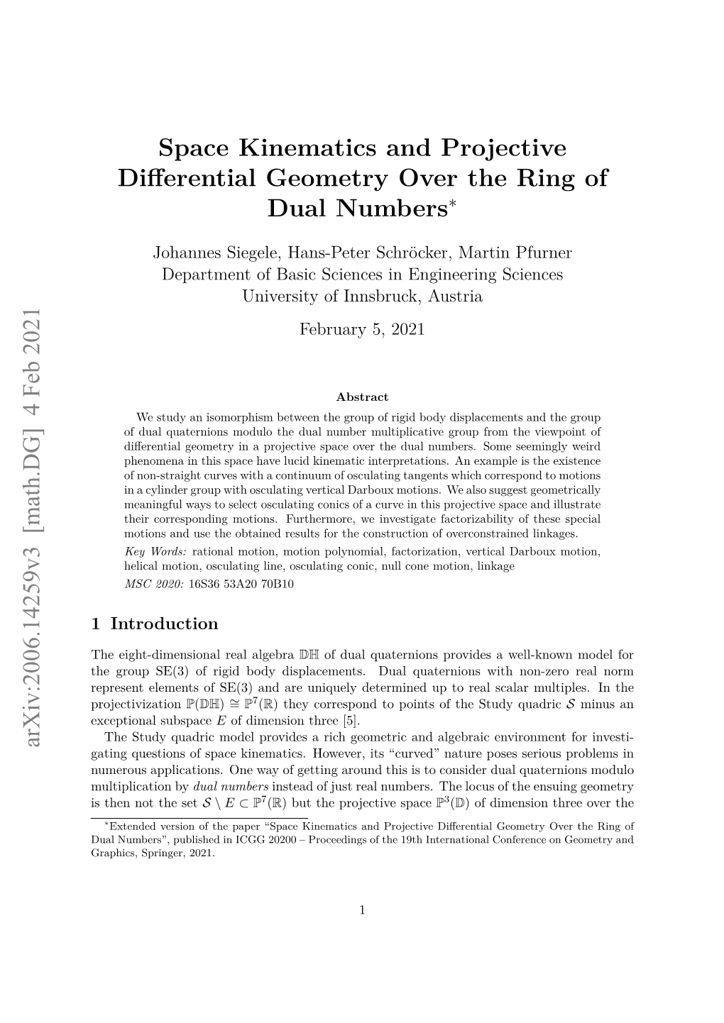 Space Kinematics and Projective Differential Geometry Over the Ring