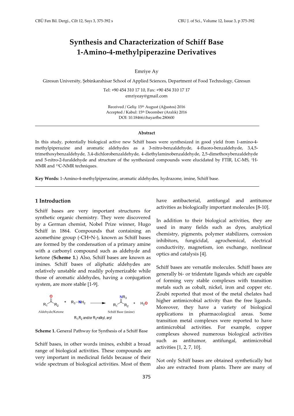 Synthesis and Characterization of Schiff Base 1-Amino-4-Methylpiperazine Derivatives