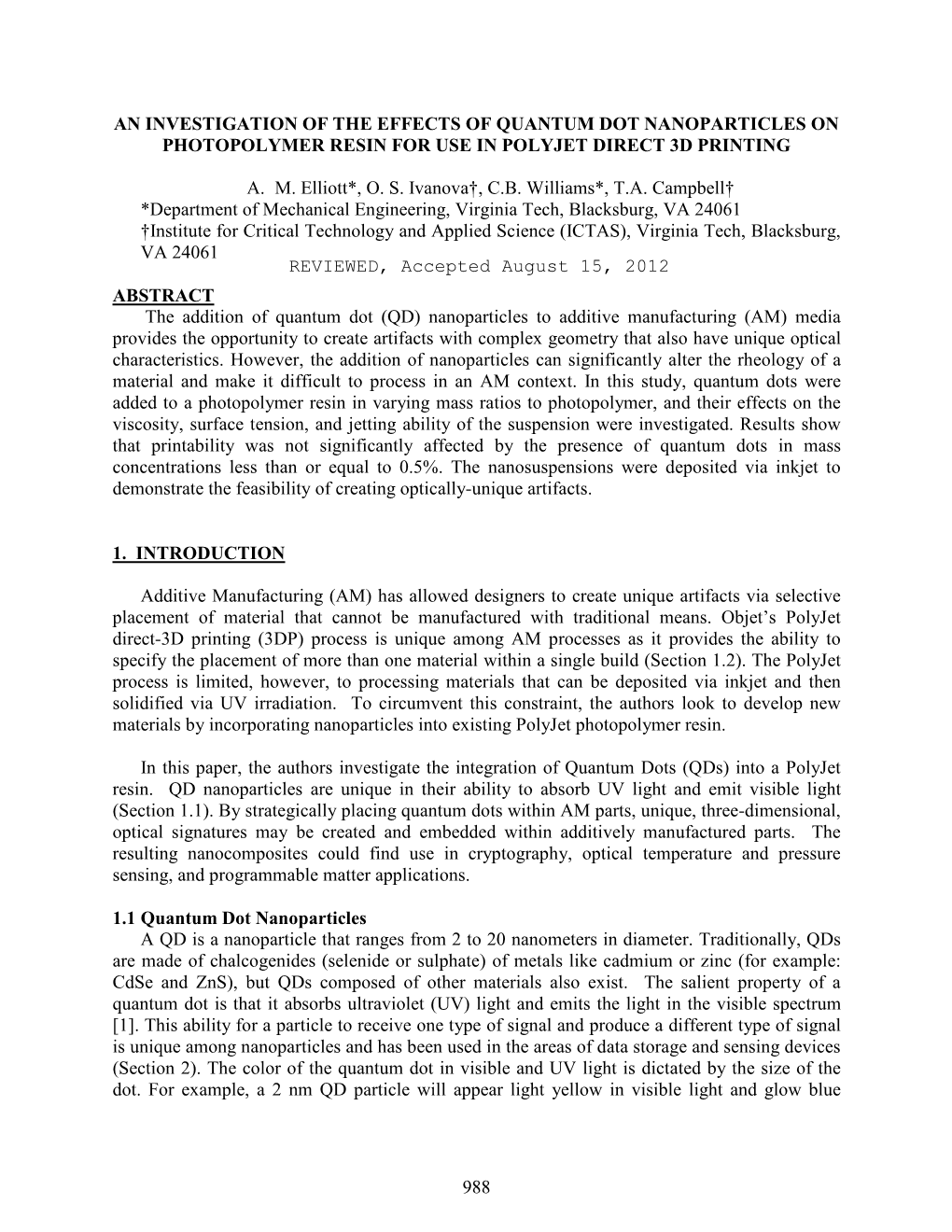 An Investigation of the Effects of Quantum Dot Nanoparticles on Photopolymer Resin for Use in Polyjet Direct 3D Printing