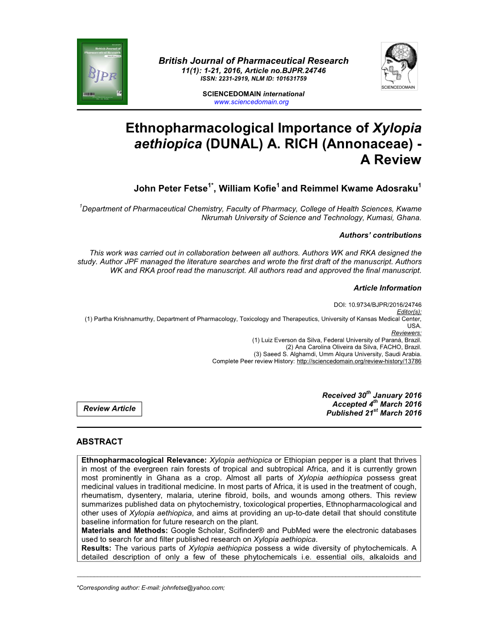 Ethnopharmacological Importance of Xylopia Aethiopica (DUNAL) A