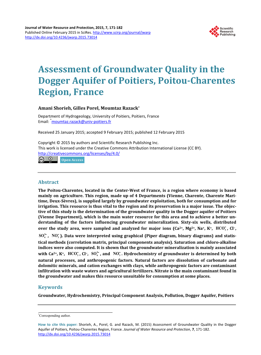 Assessment of Groundwater Quality in the Dogger Aquifer of Poitiers, Poitou-Charentes Region, France