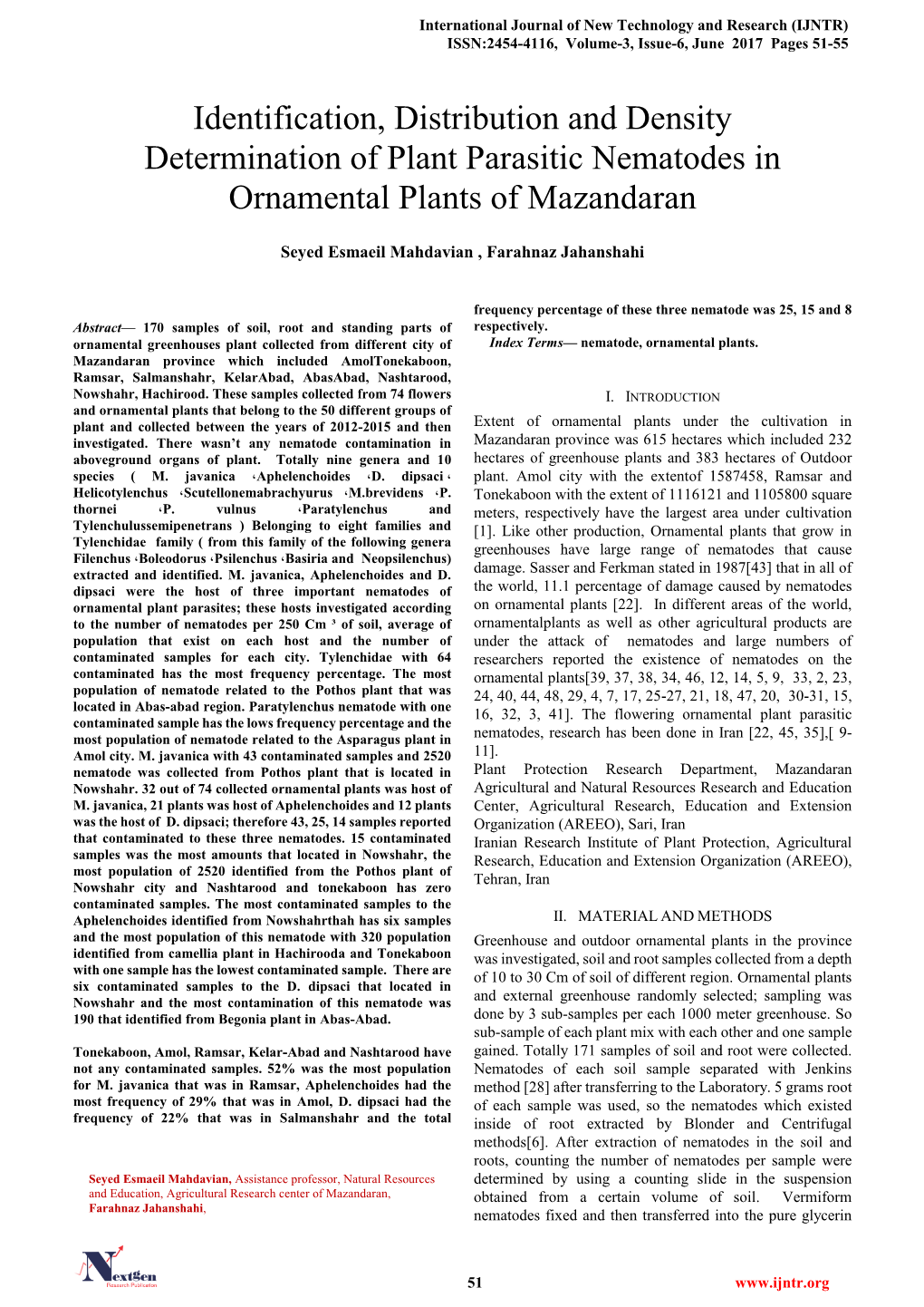 Identification, Distribution and Density Determination of Plant Parasitic Nematodes in Ornamental Plants of Mazandaran