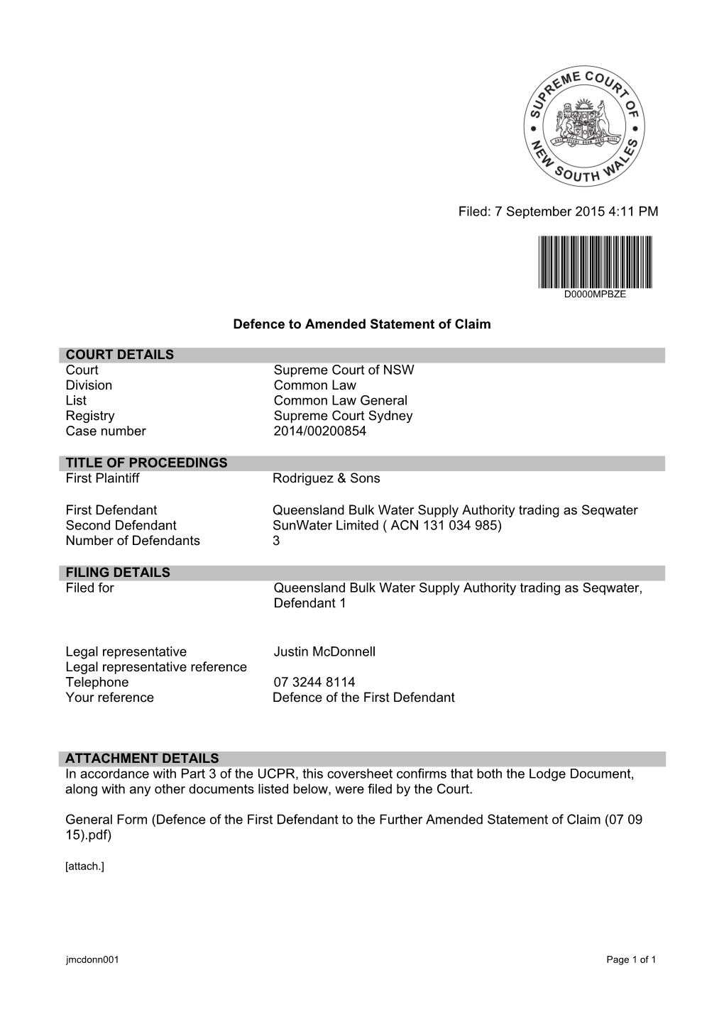 Filed: 7 September 2015 4:11 PM Defence to Amended Statement Of