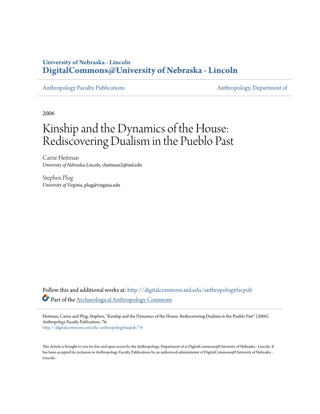 Rediscovering Dualism in the Pueblo Past Carrie Heitman University of Nebraska-Lincoln, Cheitman2@Unl.Edu