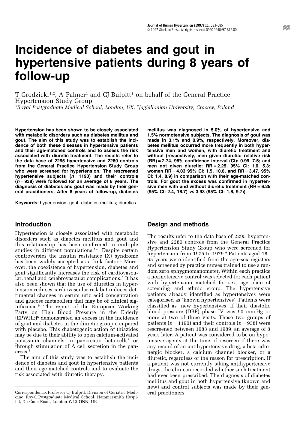 Incidence of Diabetes and Gout in Hypertensive Patients During 8 Years of Follow-Up