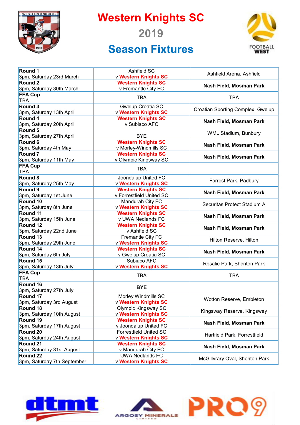 Western Knights SC 2019 Season Fixtures